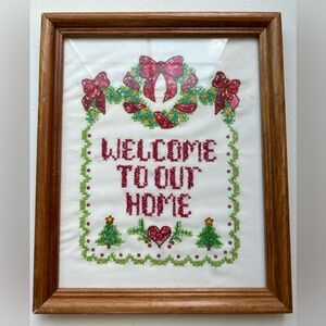 Vintage ‘Welcome To Our Home’ red green & white embroidered cloth frame